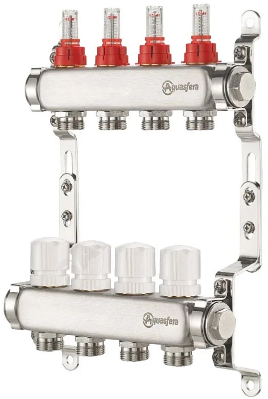 Группа коллекторная Aquasfera 9503 Ду25 Ру6 внутренняя резьба, выходов 10х3/4″ наружная резьба под евроконус с регулирующими клапанами и расходомерами, нержавеющая сталь