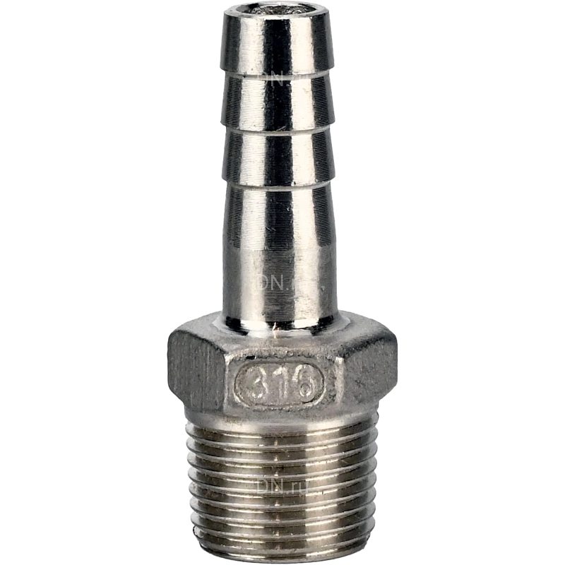Штуцер елочка BF32-T-1/2-15 1/2″х15мм Ду15 Ру16 шланговый, корпус - нержавеющая сталь AISI 316 (CF8M), присоединение - наружная резьба/штуцер