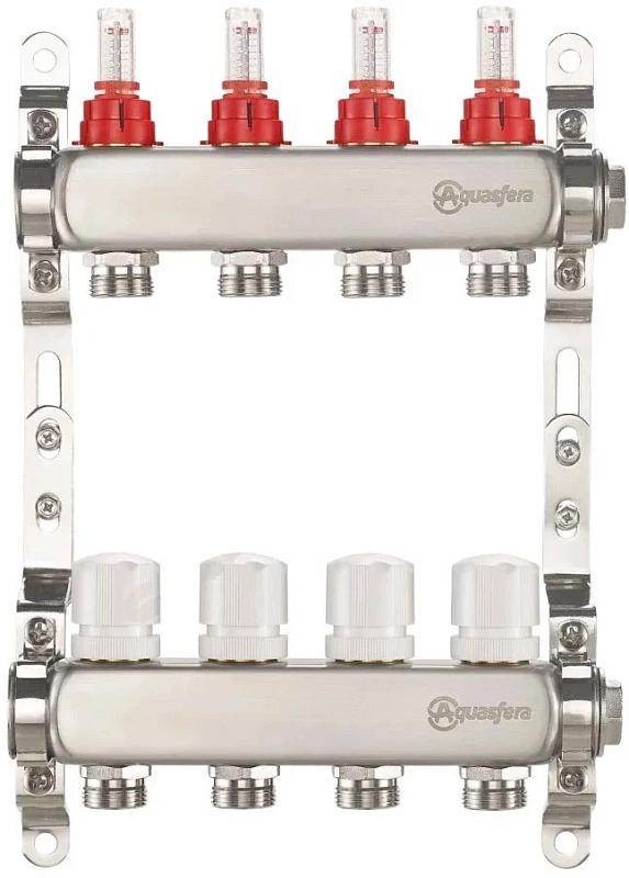 Группа коллекторная Aquasfera 9503 Ду25 Ру6 внутренняя резьба, выходов 10х3/4″ наружная резьба под евроконус с регулирующими клапанами и расходомерами, нержавеющая сталь